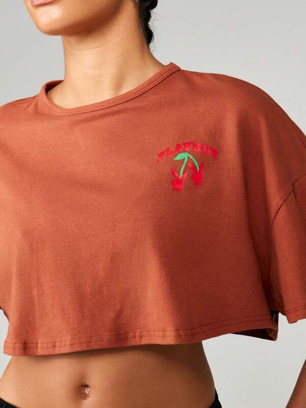 Missguided X Playboy MISSGUIDED Oversized Cropped T Shirt With Cherry Design