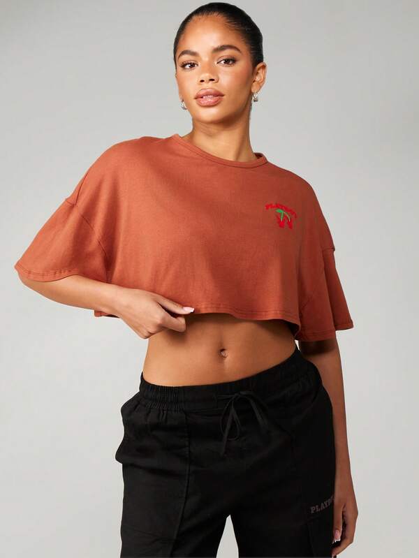 Missguided X Playboy MISSGUIDED Oversized Cropped T Shirt With Cherry Design