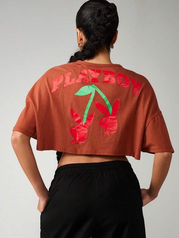 Missguided x Playboy MISSGUIDED Oversized Cropped T Shirt With Cherry Design