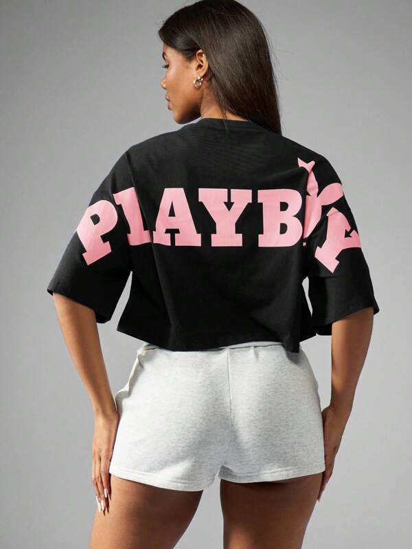 Missguided x Playboy MISSGUIDED Oversized Cropped Short Sleeve Cut Off Graphic Tee With Bunny Logo