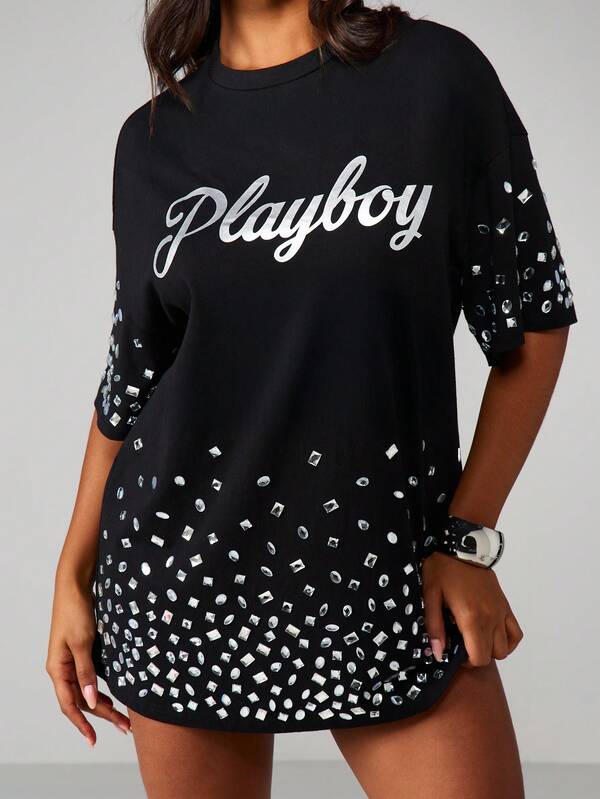 Missguided X Playboy MISSGUIDED Oversized Dress With Metallic Print