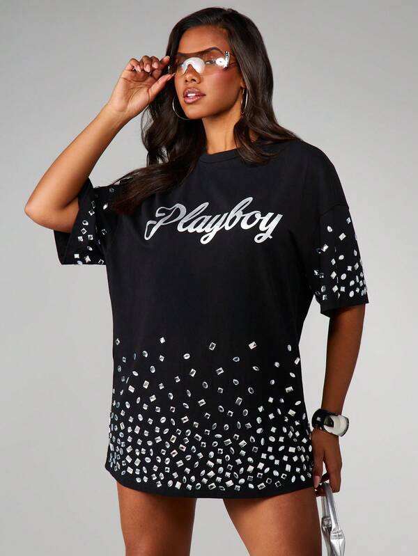 Missguided x Playboy MISSGUIDED Oversized Dress With Metallic Print