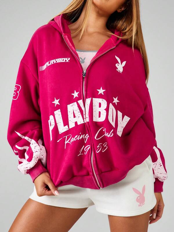 Missguided X Playboy MISSGUIDED Oversized Graphic Zip Hoodie With Drawstring