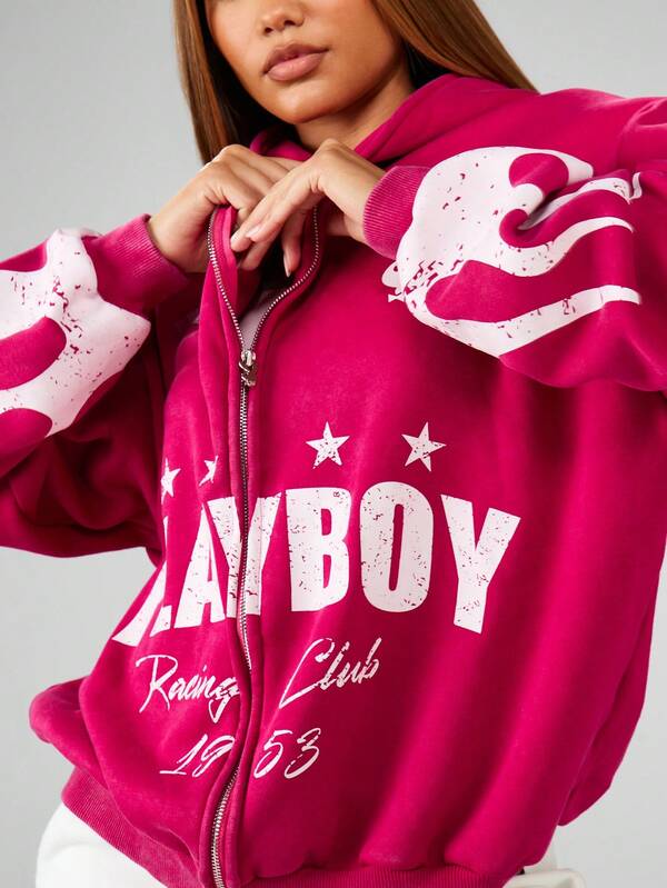 Missguided X Playboy MISSGUIDED Oversized Graphic Zip Hoodie With Drawstring