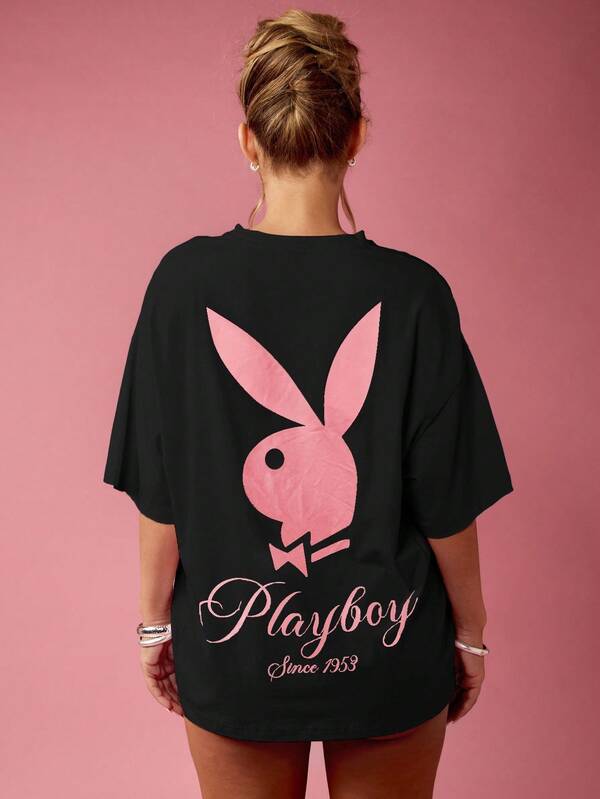 Missguided X Playboy MISSGUIDED Oversized Graphic Print T Shirt With Bunny Logo