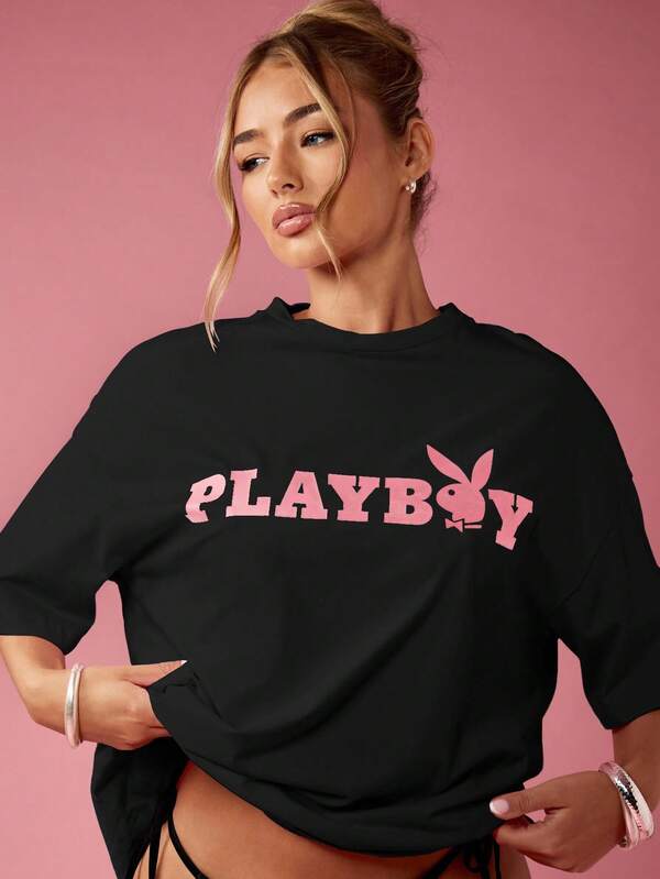 Missguided X Playboy MISSGUIDED Oversized Graphic Print T Shirt With Bunny Logo