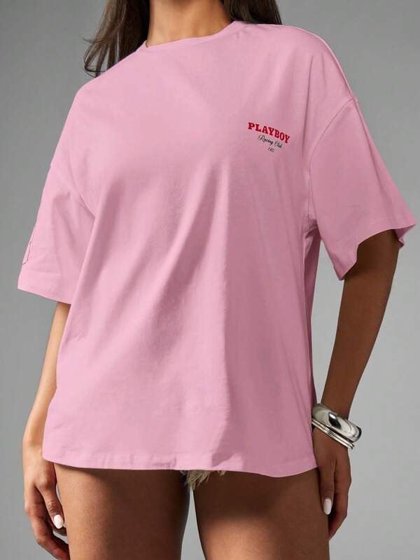 Missguided X Playboy MISSGUIDED Oversized Graphic Moto Racing Tee