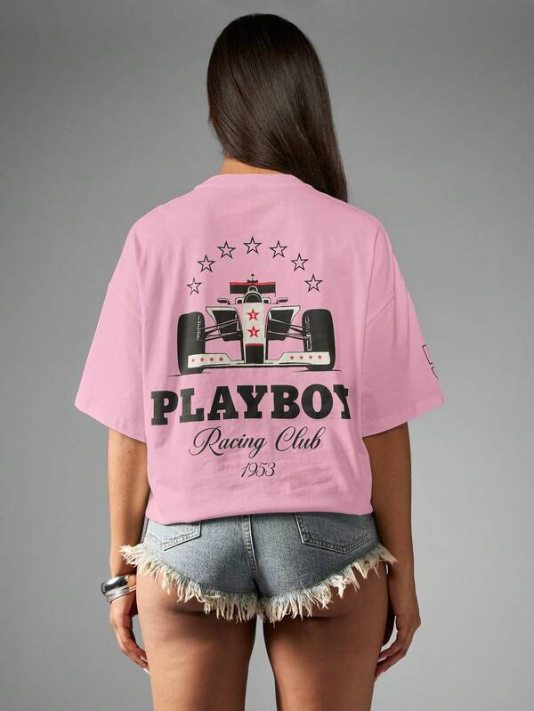Missguided x Playboy MISSGUIDED Oversized Graphic Moto Racing Tee