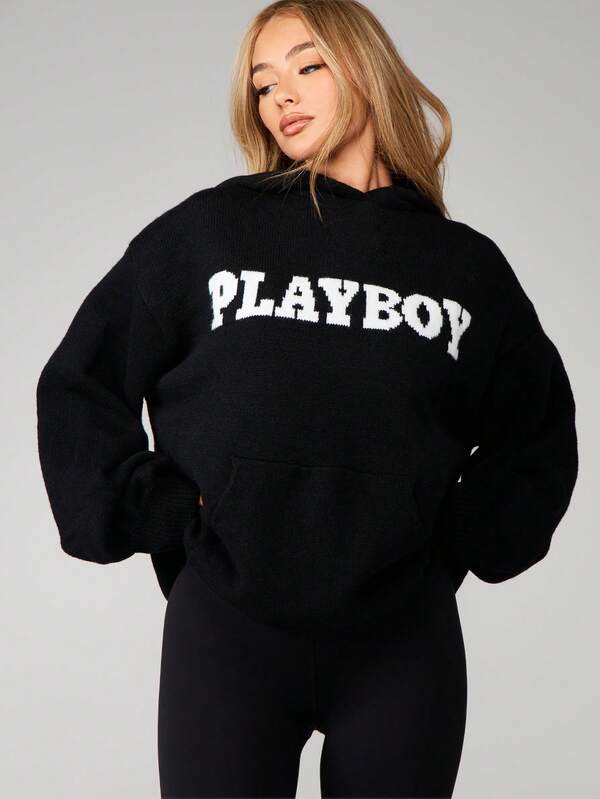 Missguided x Playboy MISSGUIDED Oversized Hooded Graphic Sweater With Logo