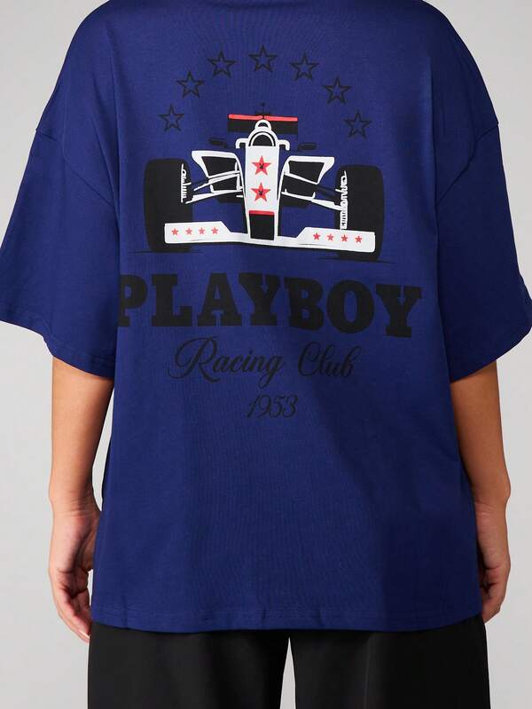 Missguided X Playboy MISSGUIDED Oversized Racing Graphic Print T Shirt