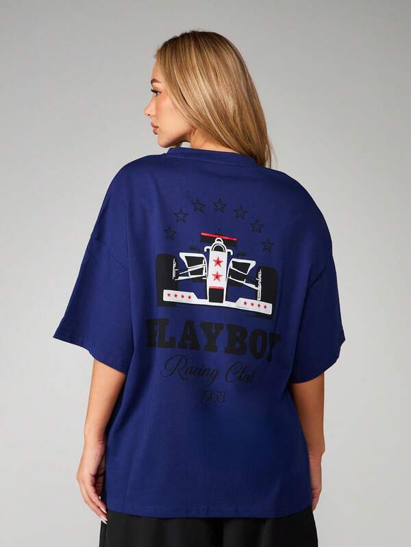 Missguided x Playboy MISSGUIDED Oversized Racing Graphic Print T Shirt