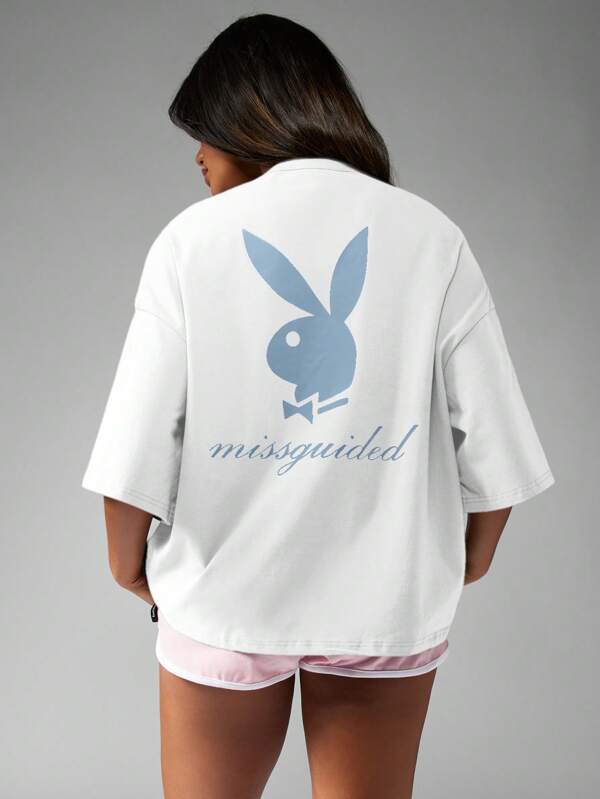 Missguided X Playboy MISSGUIDED Oversized Relaxed Fit Cotton T-Shirt For Streetwear Loungewear And Comfort