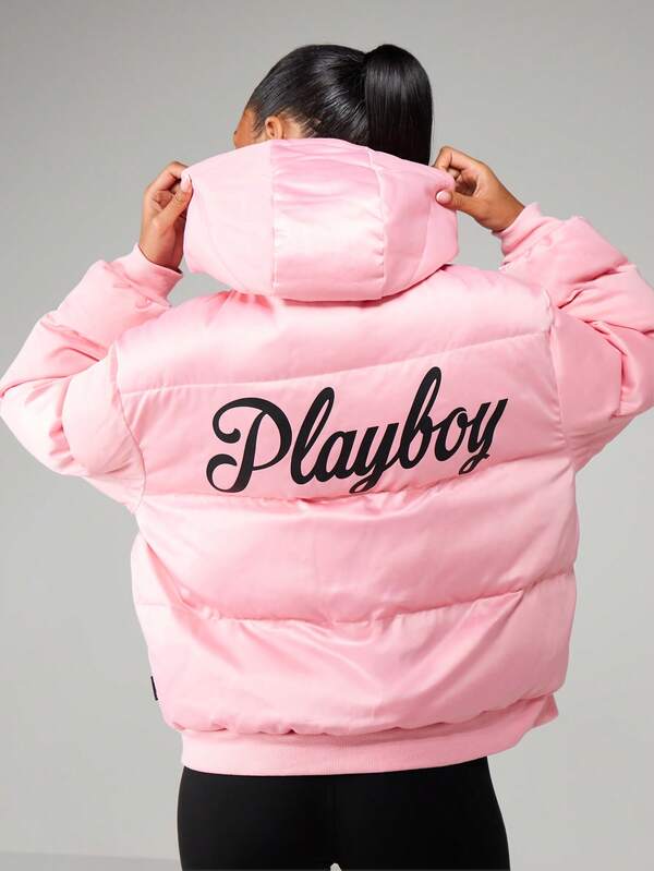 Missguided X Playboy MISSGUIDED Oversized Satin Hooded Puffer Coat