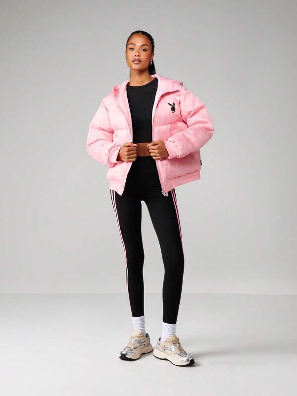 Missguided X Playboy MISSGUIDED Oversized Satin Hooded Puffer Coat