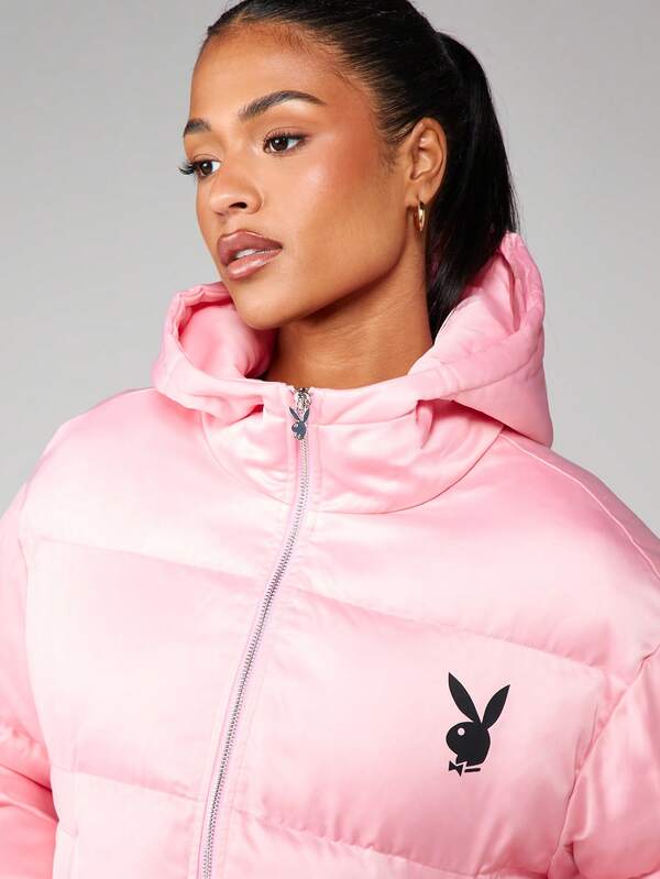 Missguided X Playboy MISSGUIDED Oversized Satin Hooded Puffer Coat