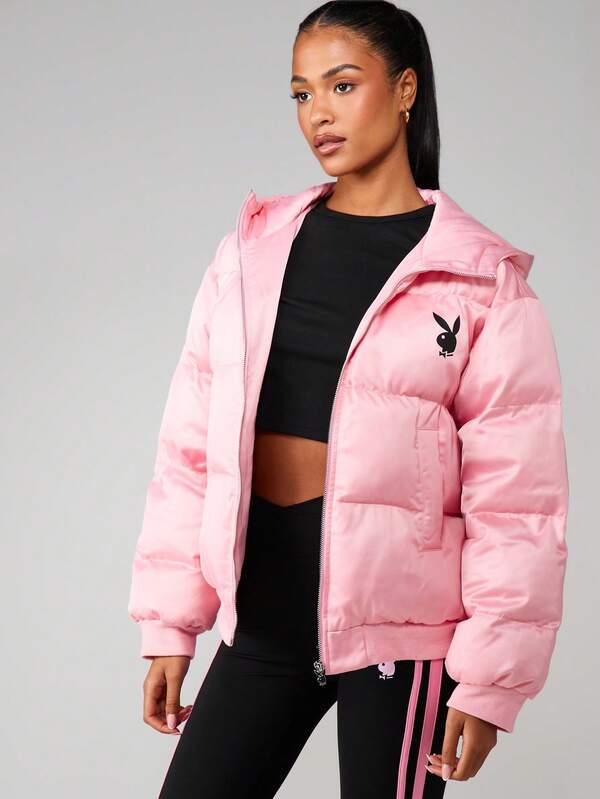 Missguided X Playboy MISSGUIDED Oversized Satin Hooded Puffer Coat