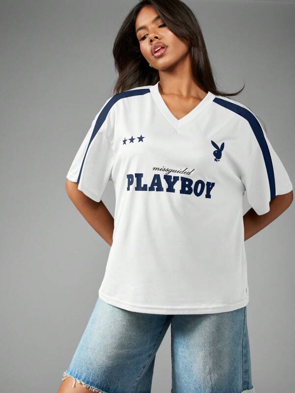 Missguided X Playboy MISSGUIDED Oversized Style Short Sleeve V Neck Comfort Logo T-Shirts