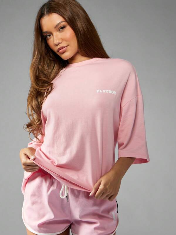 Missguided X Playboy MISSGUIDED Oversized T Shirt With Crystal Rhinestone Bunny Design