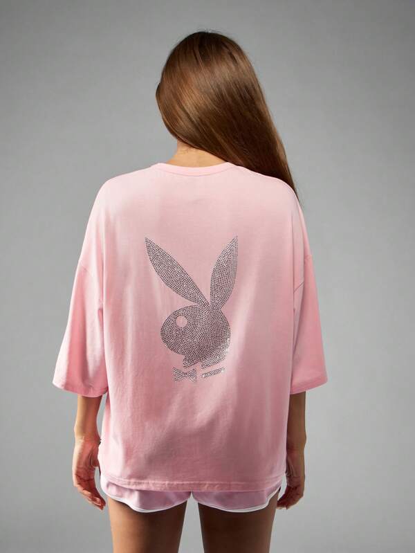 Missguided x Playboy MISSGUIDED Oversized T Shirt With Crystal Rhinestone Bunny Design
