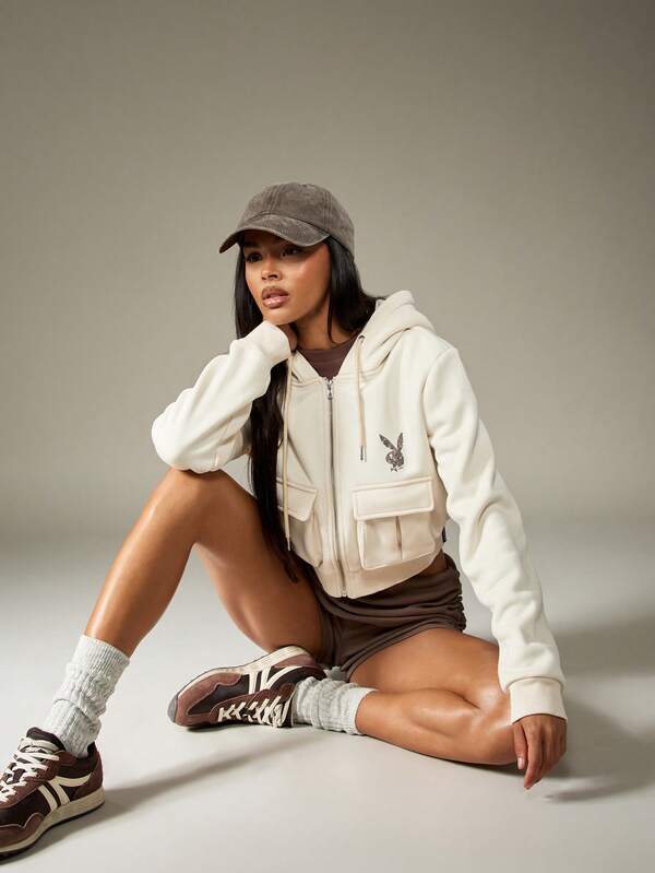 Missguided X Playboy MISSGUIDED Oversized Washed Cargo Zip Crop Hoodie