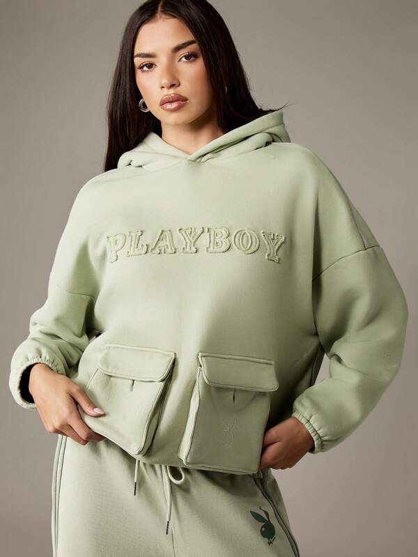 Missguided x Playboy MISSGUIDED Oversized Washed Cargo Hoodie With Drawstring
