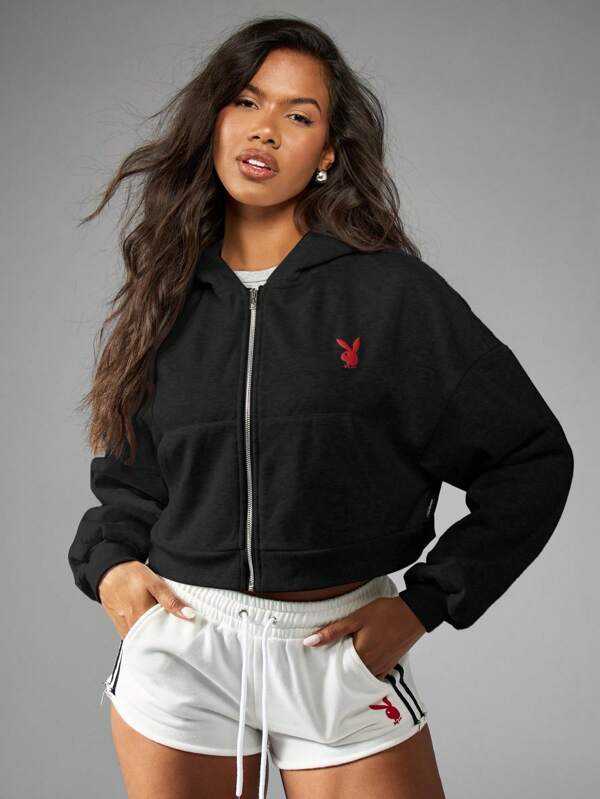 Missguided X Playboy MISSGUIDED Premium Fleece Cropped Zip Up Hoodie Loungewear Sweatshirt