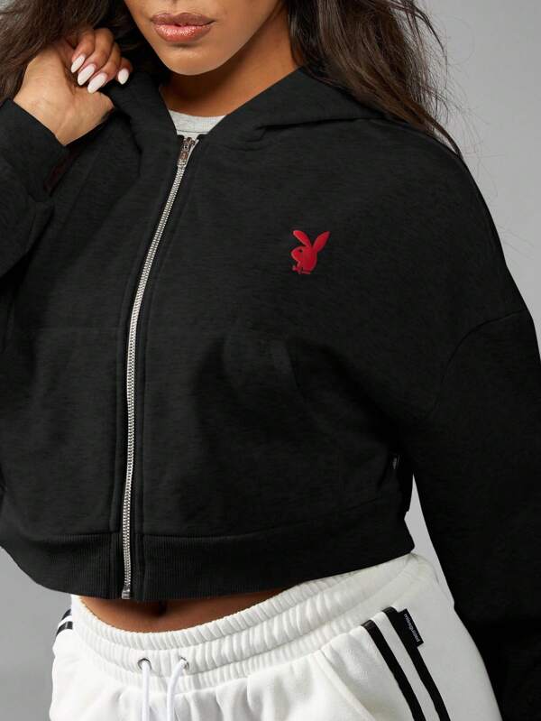 Missguided X Playboy MISSGUIDED Premium Fleece Cropped Zip Up Hoodie Loungewear Sweatshirt
