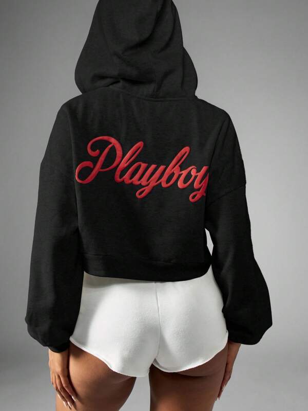 Missguided x Playboy MISSGUIDED Premium Fleece Cropped Zip Up Hoodie Loungewear Sweatshirt