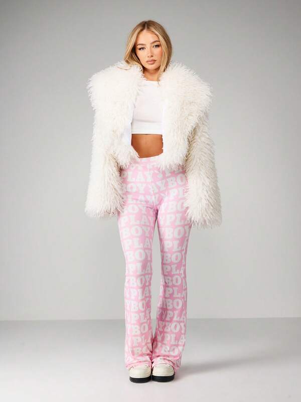 Missguided X Playboy MISSGUIDED Printed Fit And Flare Pants With Logo