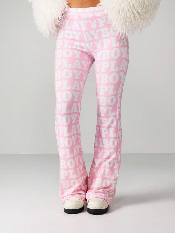 Missguided x Playboy MISSGUIDED Printed Fit And Flare Pants With Logo