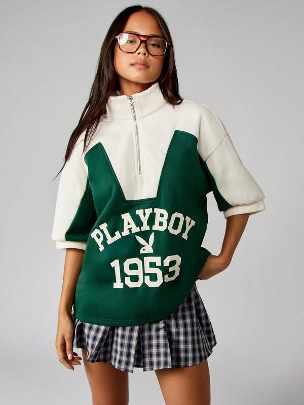 Missguided X Playboy MISSGUIDED Quarter Zip Colorblock Sweatshirt With Logo Print