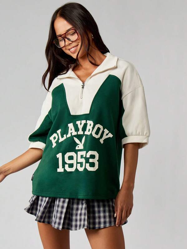 Missguided x Playboy MISSGUIDED Quarter Zip Colorblock Sweatshirt With Logo Print