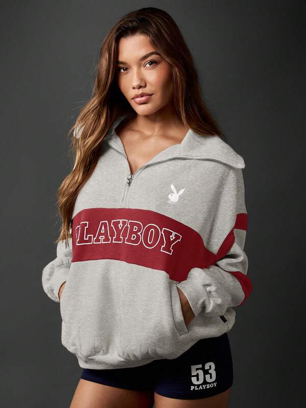 Missguided x Playboy MISSGUIDED Quarter Zip Sweatshirt With Logo Design