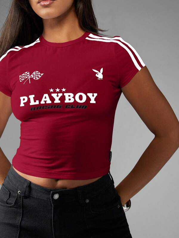 Missguided X Playboy MISSGUIDED Racing Club Crop Top With Double Stripe Detail