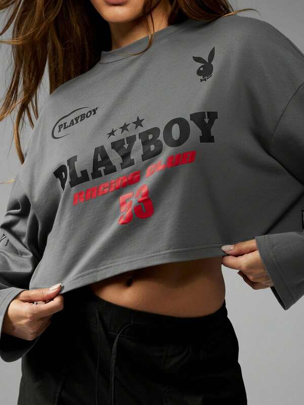 Missguided X Playboy MISSGUIDED Racing Club Cropped Long Sleeve Tee