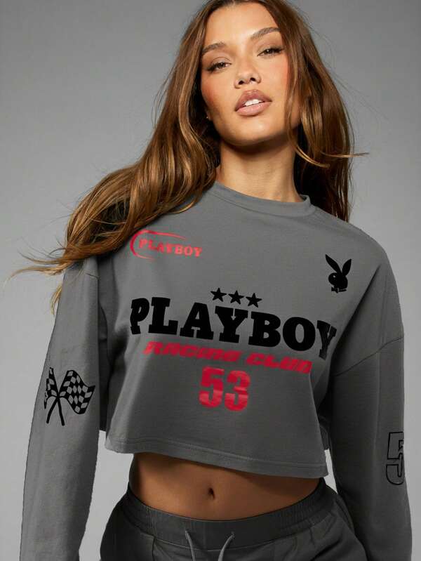 Missguided X Playboy MISSGUIDED Racing Club Cropped Long Sleeve Tee