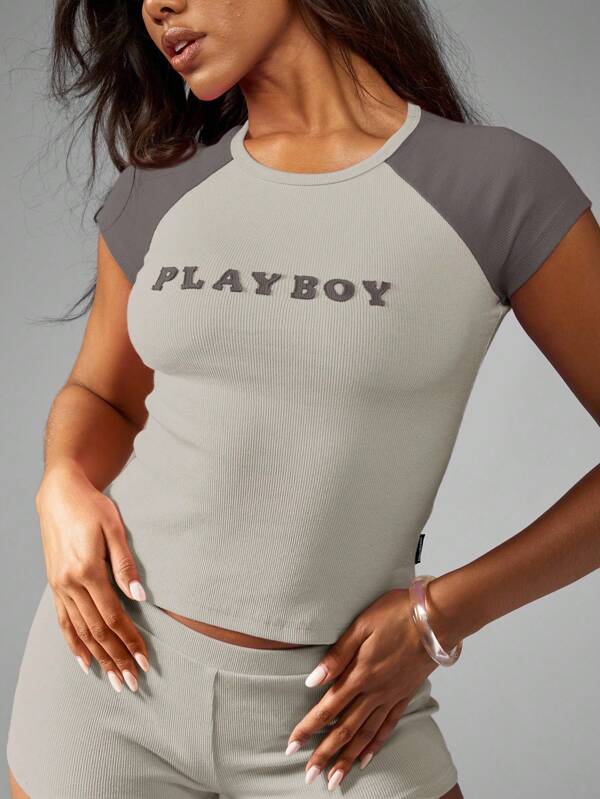 Missguided X Playboy MISSGUIDED Raglan Sleeve Baby Tee With Contrast Detail