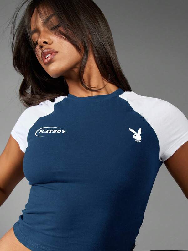 Missguided X Playboy MISSGUIDED Retro Crop Top With Raglan Sleeves And Graphic Print