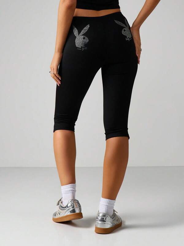Missguided x Playboy MISSGUIDED Rhinestone Bunny Capri Leggings With Sparkle Detail