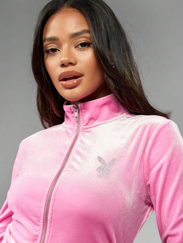 Missguided X Playboy MISSGUIDED Rhinestone Logo Embellished Velvet Sweatshirt