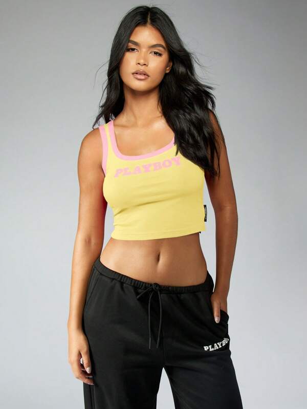 Missguided X Playboy MISSGUIDED Ribbed Contrast Binding Crop Tank Top Fashion