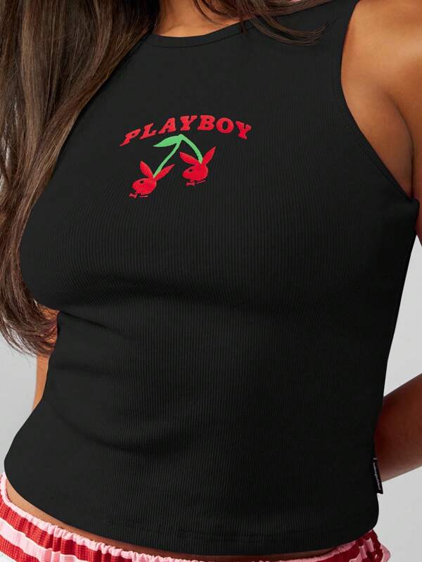 Missguided x Playboy MISSGUIDED Ribbed Tank Top With Cherry Print Design