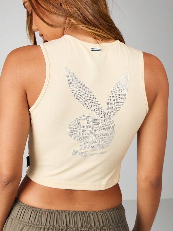 Missguided x Playboy MISSGUIDED Sleeveless Crop Top With Rhinestone Design High Neck