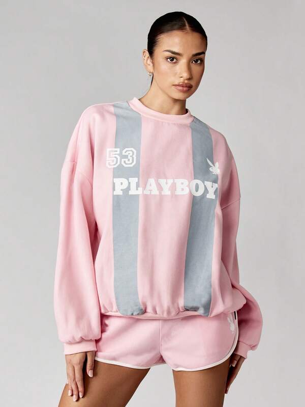 Missguided X Playboy MISSGUIDED Soft Oversized Crew Neck Sweatshirt Featuring Retro Graphics