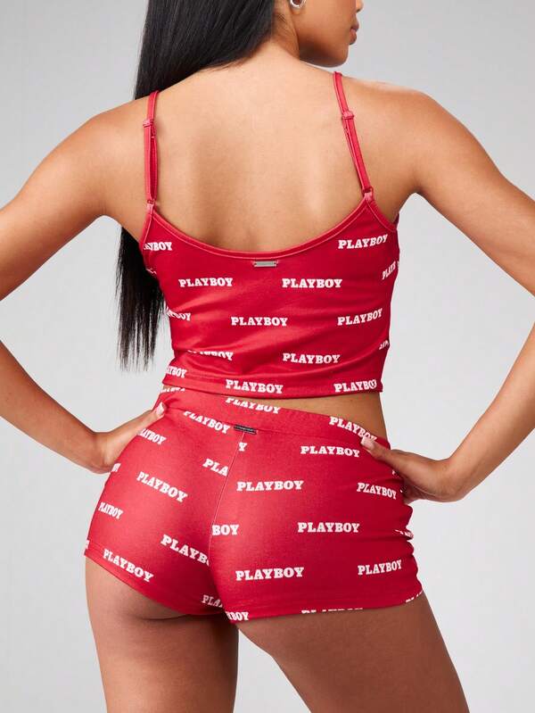 Missguided X Playboy MISSGUIDED Spaghetti Strap Crop Top And High Waist Shorts Set