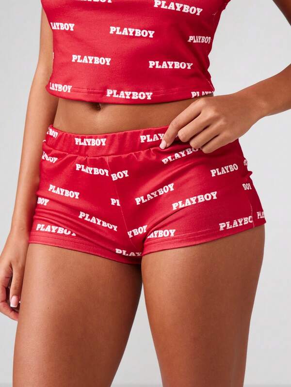 Missguided X Playboy MISSGUIDED Spaghetti Strap Crop Top And High Waist Shorts Set