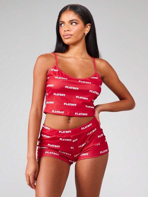 Missguided x Playboy MISSGUIDED Spaghetti Strap Crop Top And High Waist Shorts Set