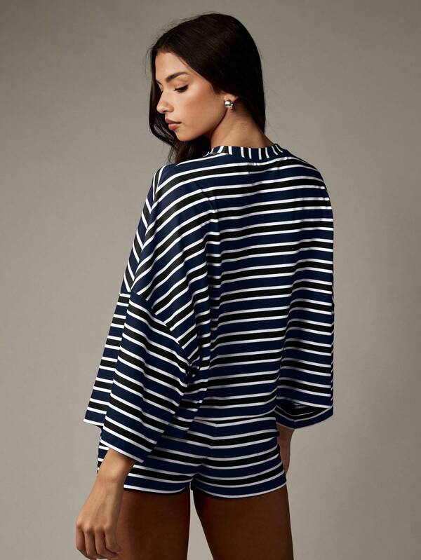 Missguided X Playboy MISSGUIDED Striped Bell Sleeve Top And High Waist Shorts Set