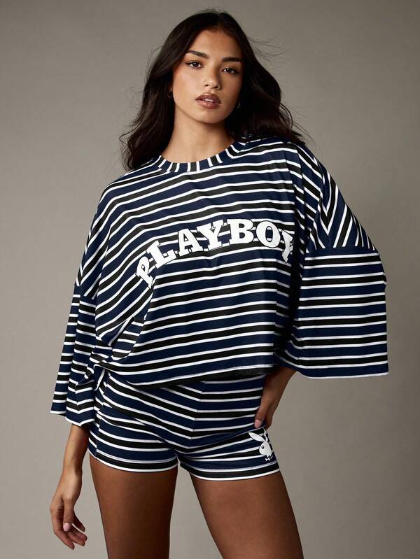 Missguided X Playboy MISSGUIDED Striped Bell Sleeve Top And High Waist Shorts Set