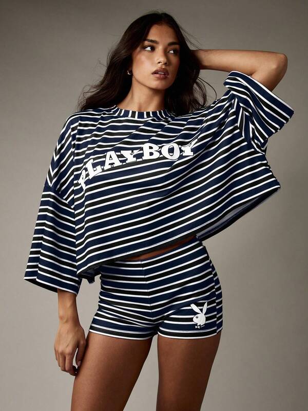 Missguided x Playboy MISSGUIDED Striped Bell Sleeve Top And High Waist Shorts Set